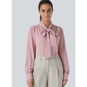 Halara Tie Neck Long Sleeve Button Work Blouse Bleached Mauve Size S NWT